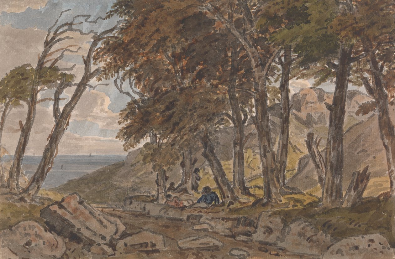 Figurer på bredden av en skogkledd vei, med havet i avstand til venstre av George Barret Jr.