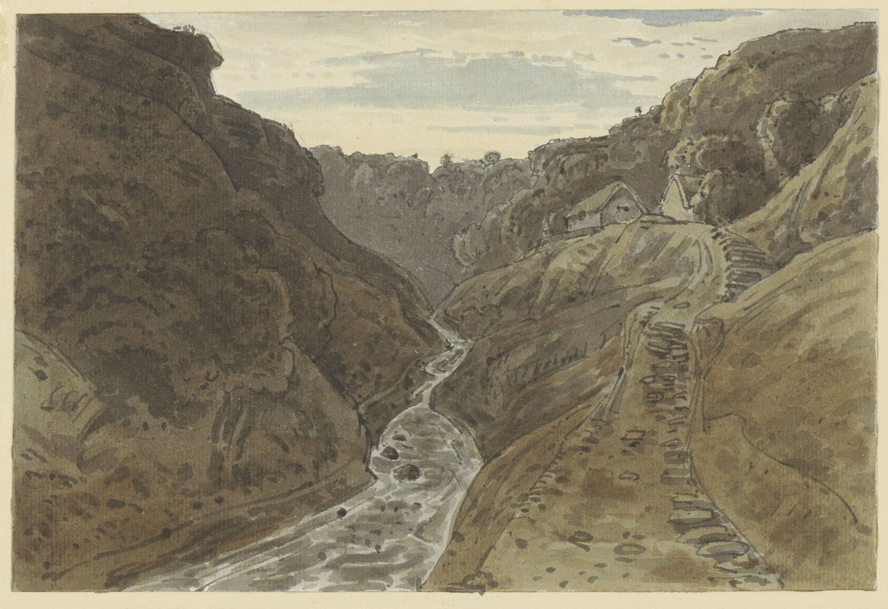 Elvedal og fjellvei som fører til to hus av George Barret jr. (possibly)
