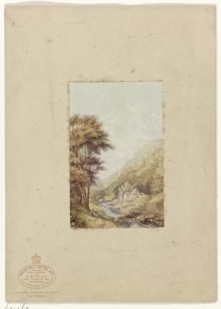 Kupert landskap med bekk Water Mill on the Wye (tittel på objekt) av George Baxter