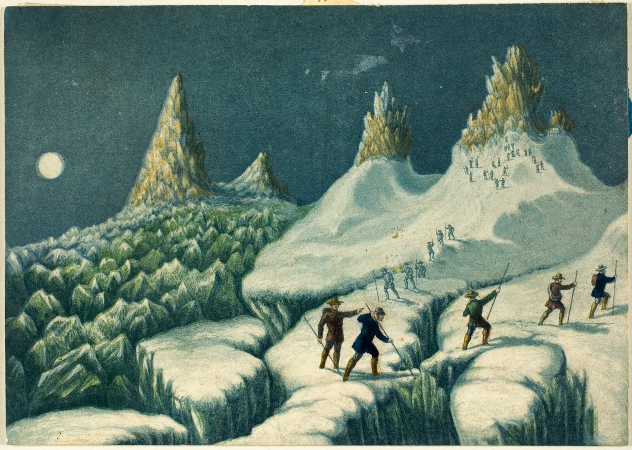 Avreise fra Grands Mulets, fra "Bestigning av Mont Blanc" av George Baxter