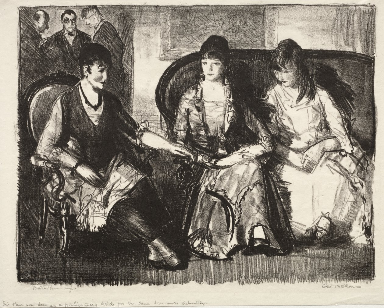 Elsie, Emma og Marjorie, første stein av George Bellows