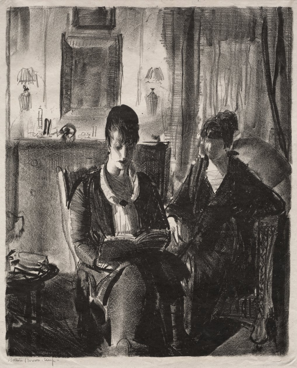 Elsie leser for Emma, første stein av George Bellows
