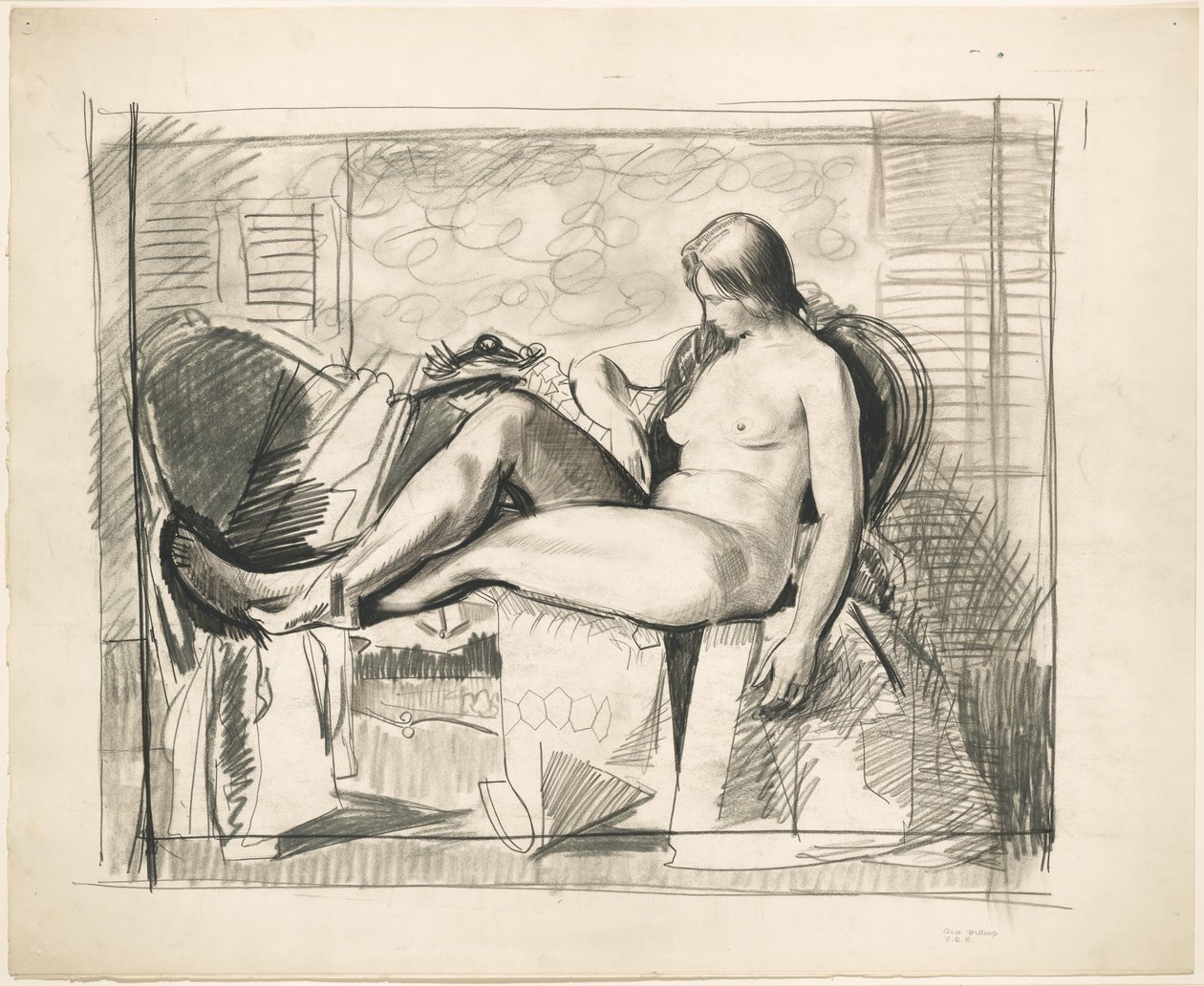 Studie til naken med sekskantet vattert teppe av George Bellows