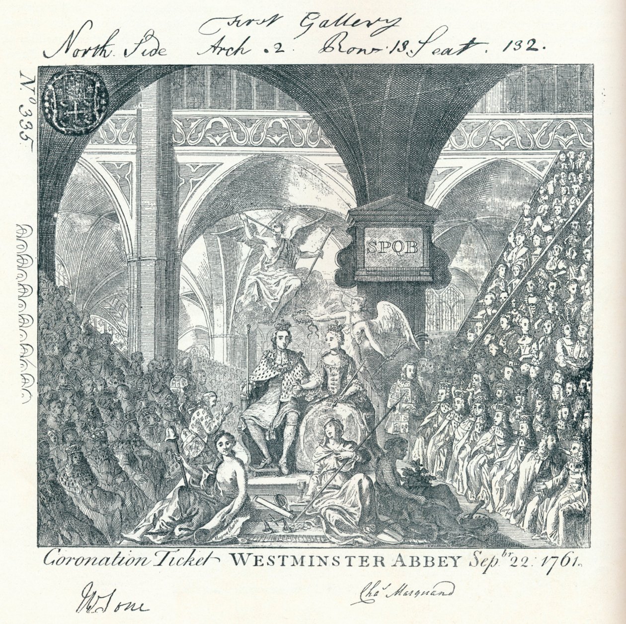 Inngravert billett til kroningsseremonien til George III i Westminster Abbey 1761 1906 av George Bickham