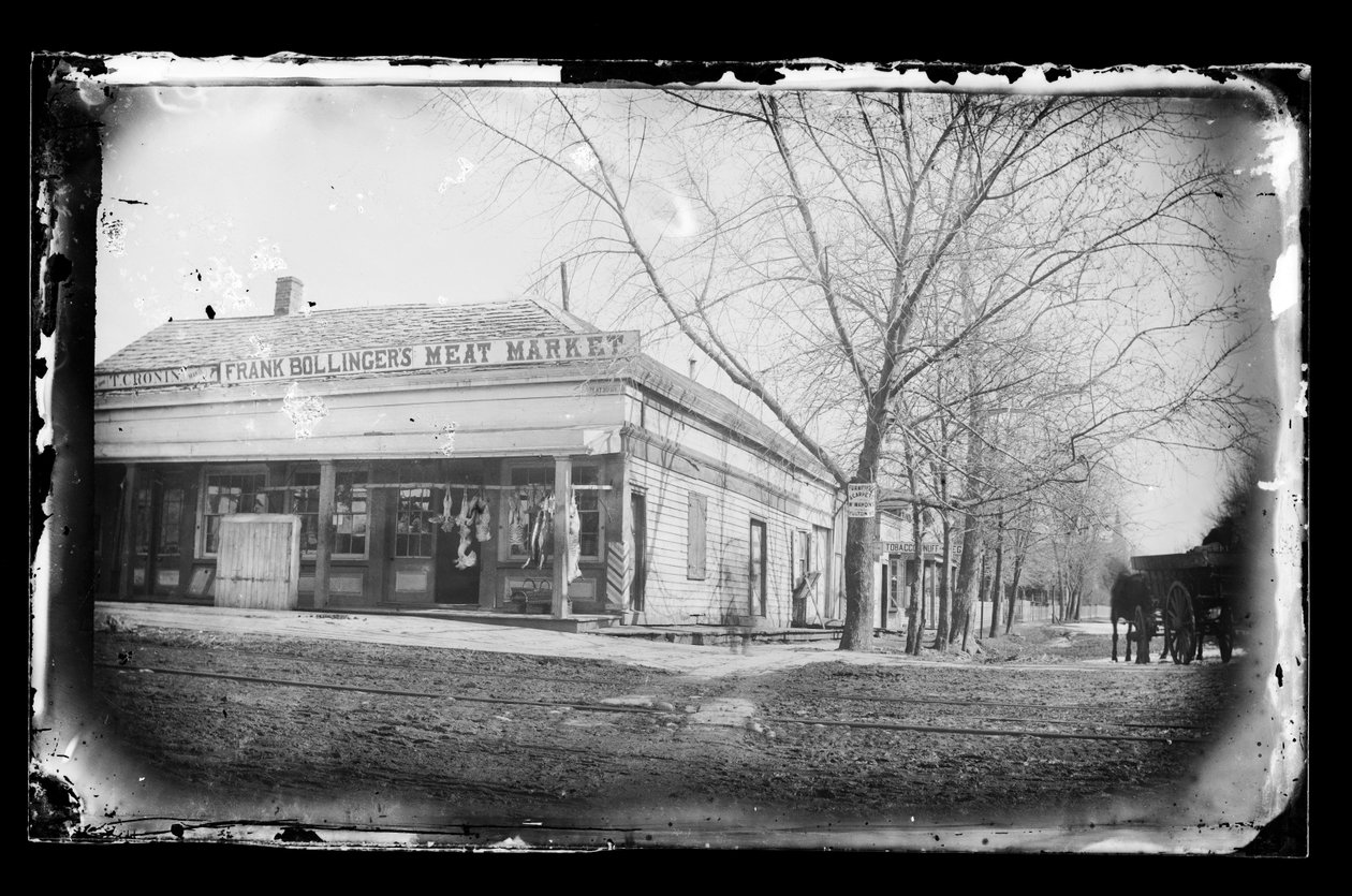 Frank Bollingers Meat Market, Flatbush, Brooklyn, ca. 1872-87 (våtkollosjon negativ) av George Bradford Brainerd