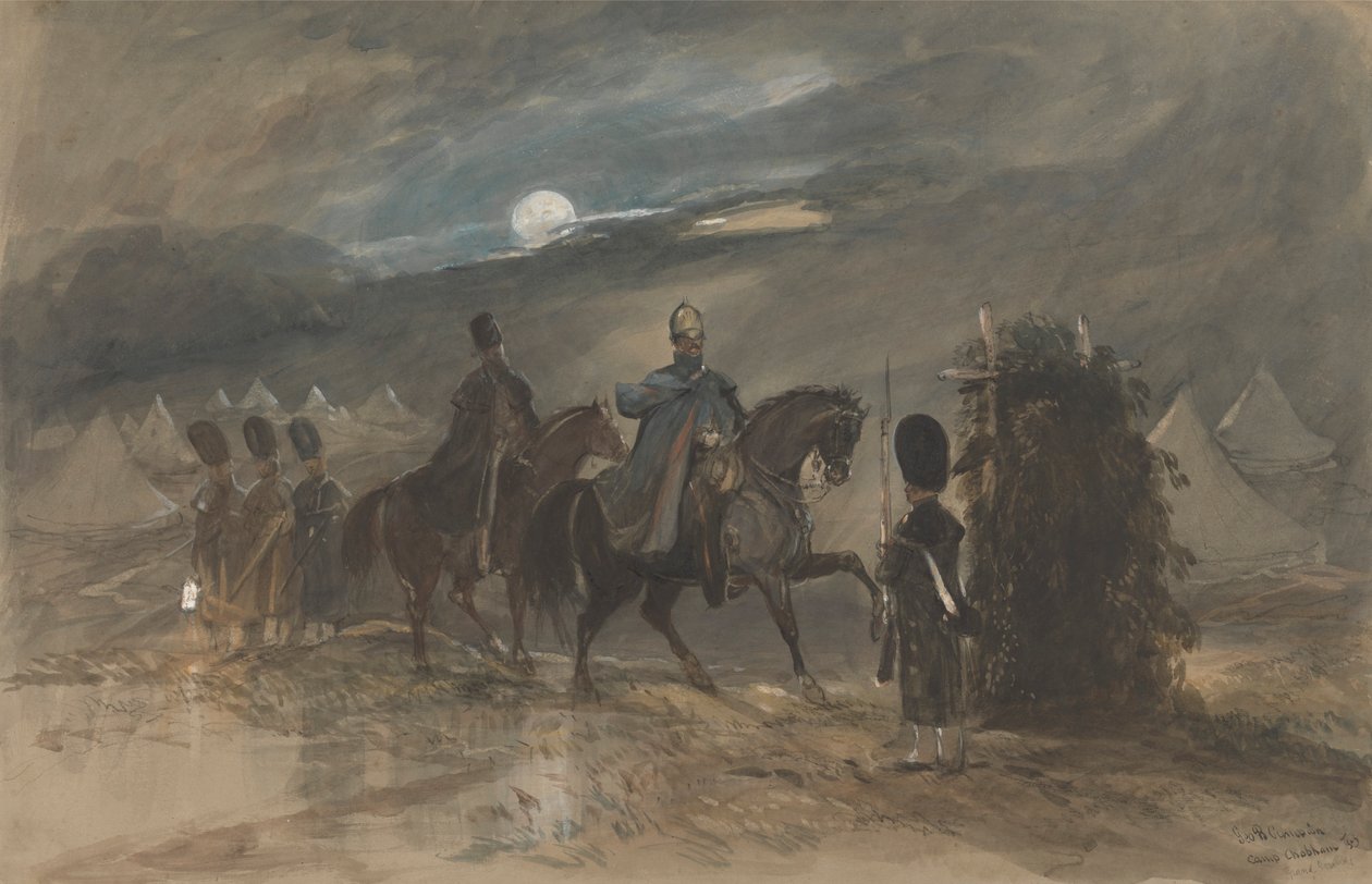 Leir ved Chobham, 1853 med offiserer og vaktpost av George Bryant Campion
