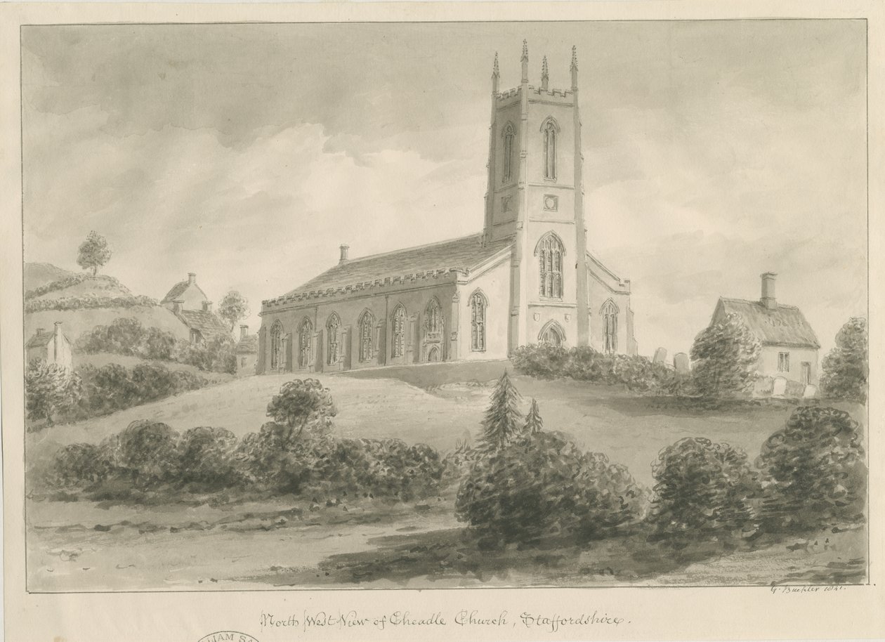 Cheadle Church: sepia-tegning av George Buckler