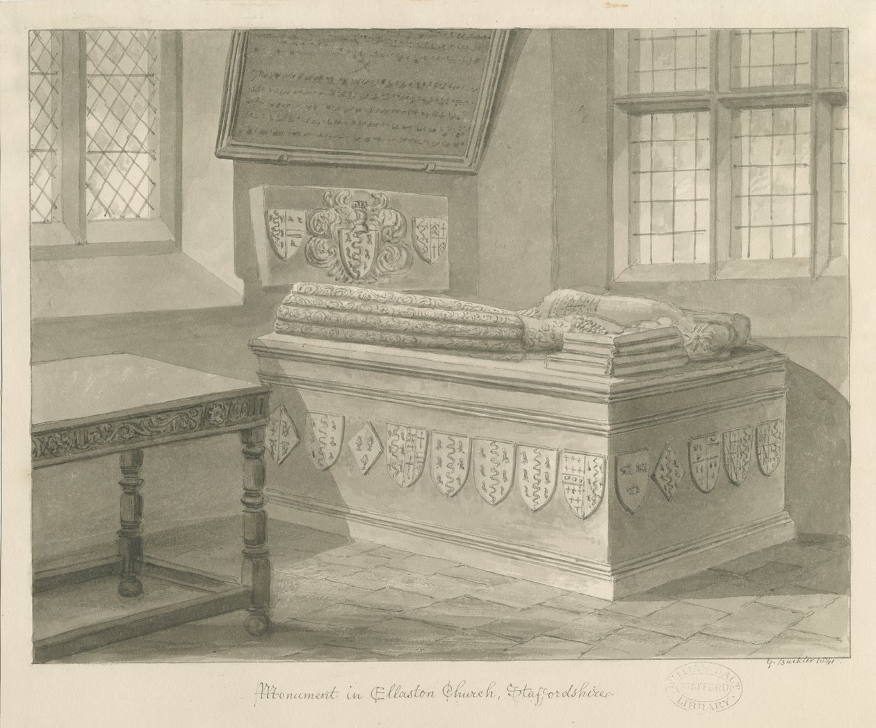 Ellastone Church - Monument til Sir John Fleetwood: sepia-tegning, 1841 av George Buckler