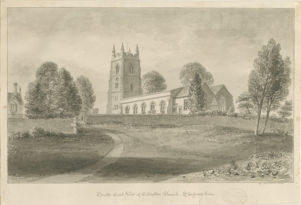 Ellastone Church: sepia-tegning, 1841 av George Buckler