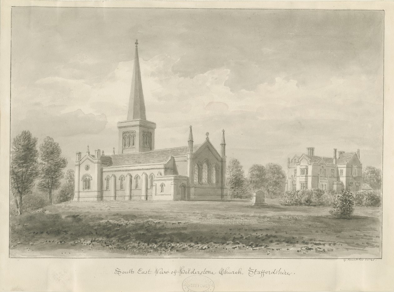 Hilderstone Church: sepia-tegning, 1841 av George Buckler