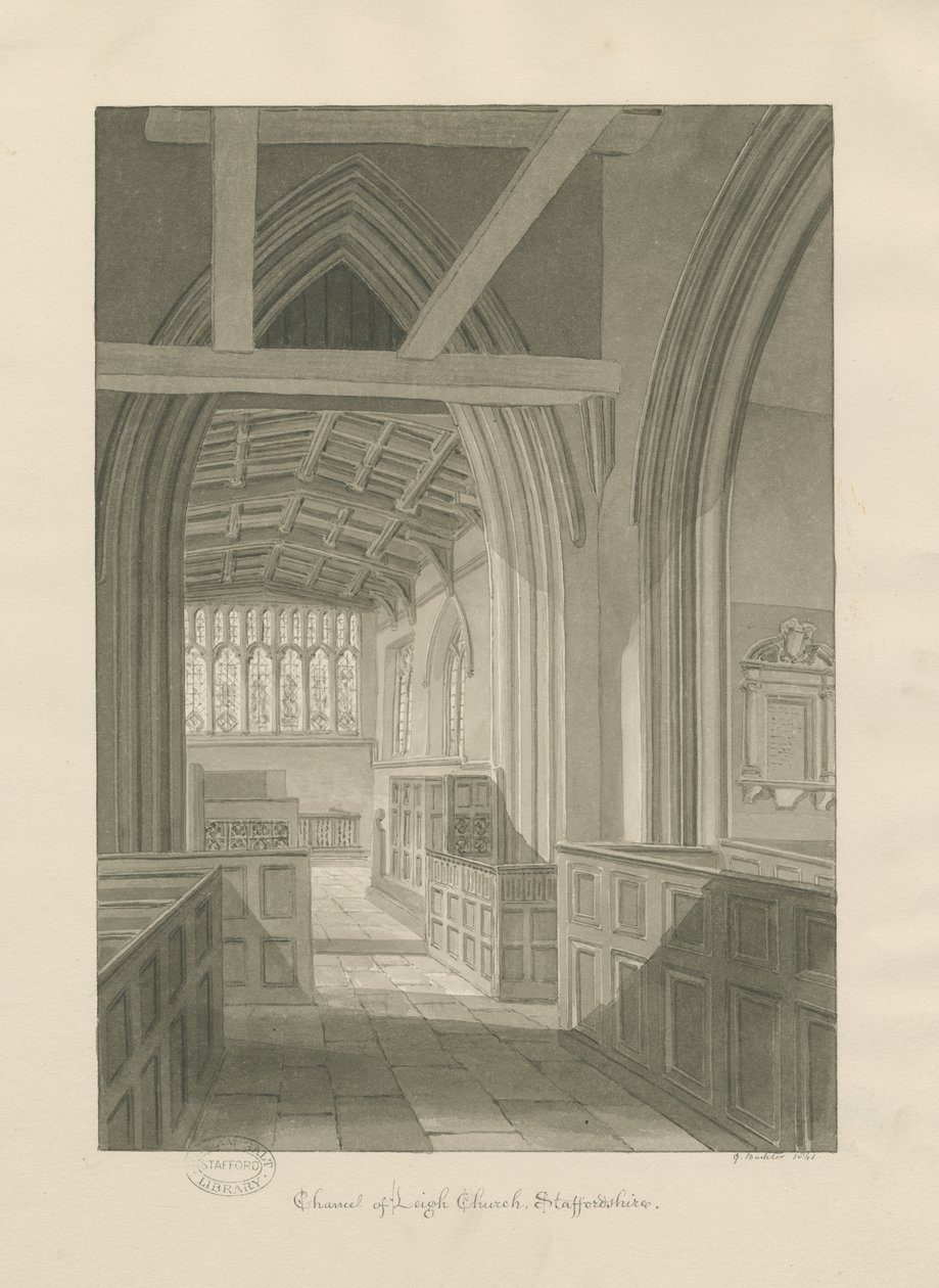 Interiør i Leigh Church: sepia-tegning av George Buckler