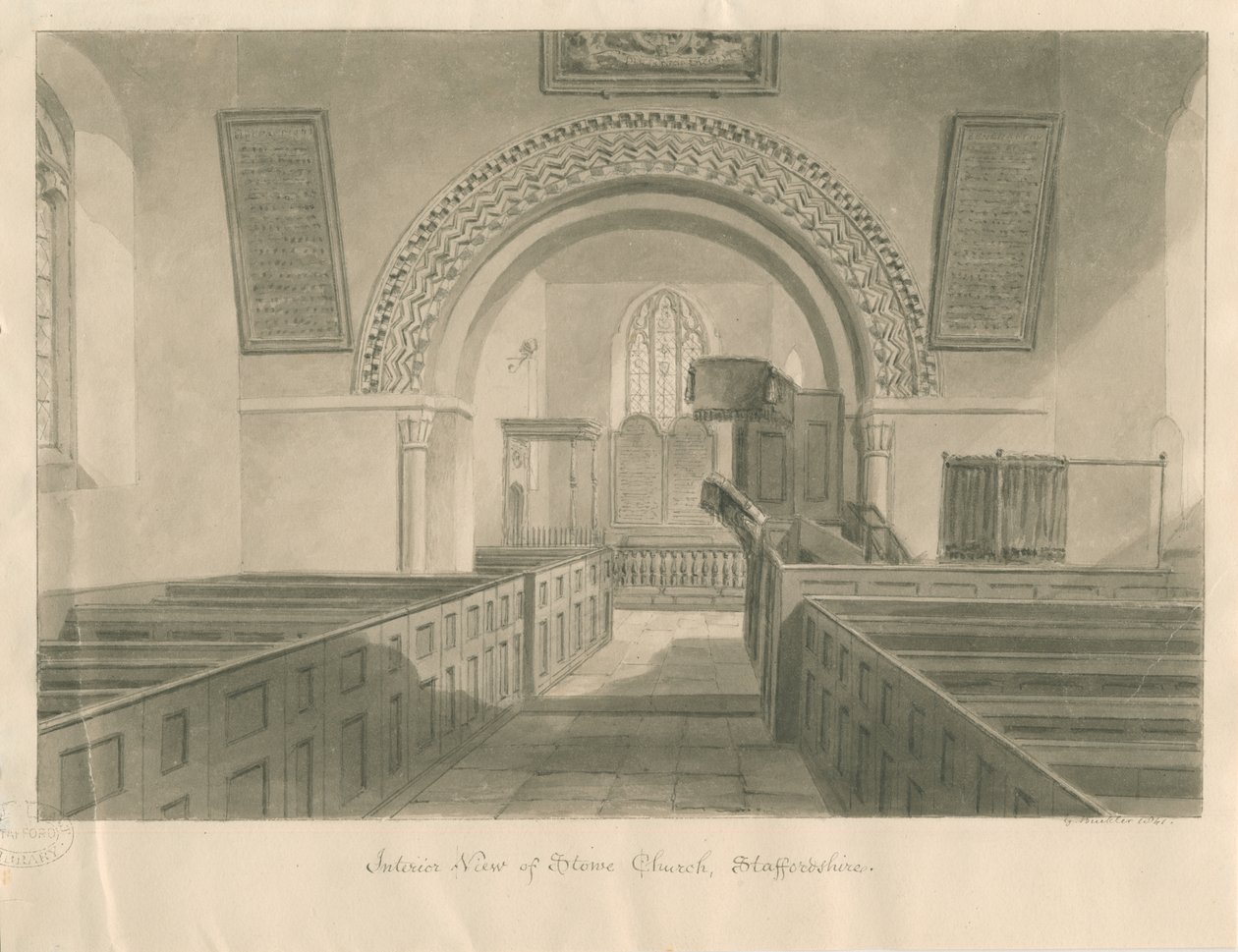 Interiør av Stowe Church: sepia vasketegning av George Buckler