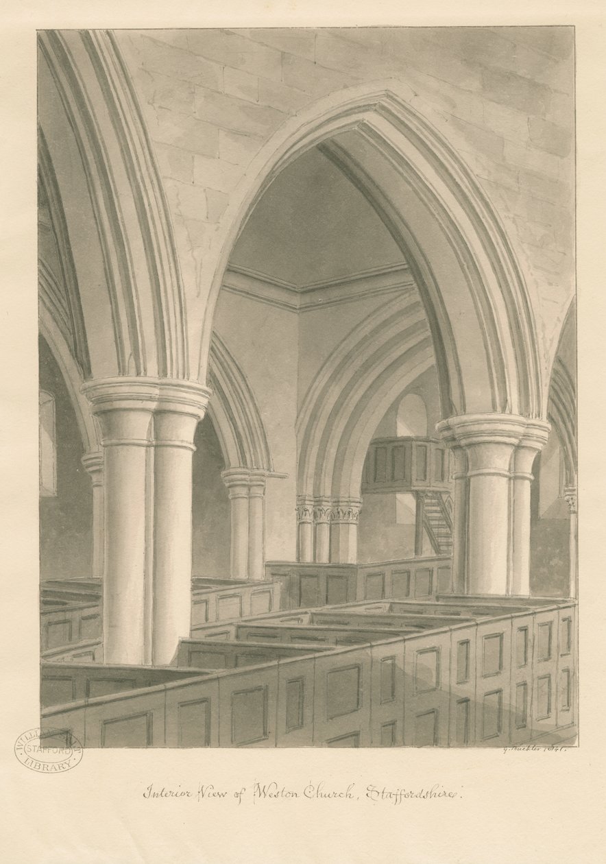 Interiør i Weston-on-Trent Church: sepia-tegning, 1841 av George Buckler