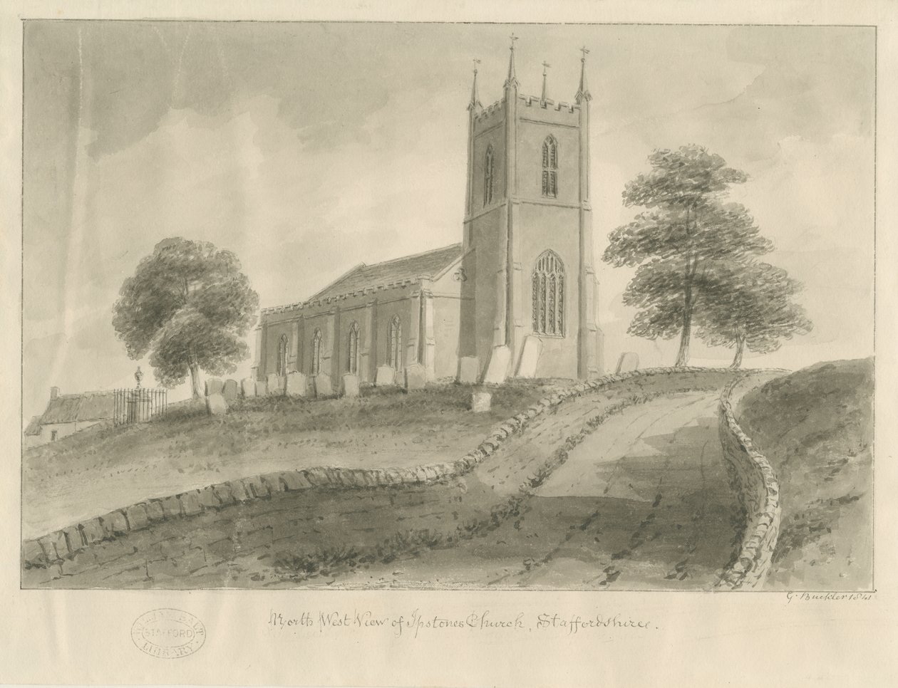 Ipstones kirke: sepia tegning av George Buckler