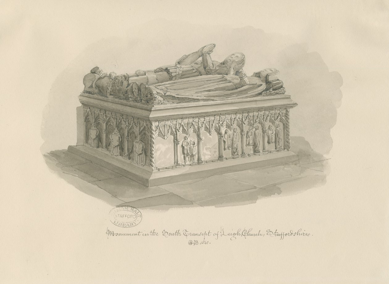 Leigh Church - Monument of Sir John Aston: sepia-tegning, 1841 av George Buckler