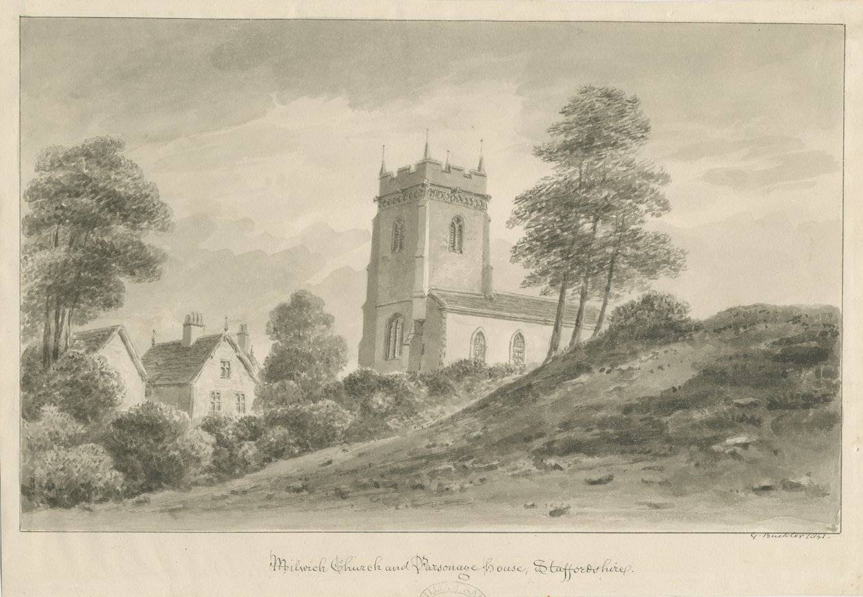 Milwich kirke og prestehus: sepia vasketegning av George Buckler