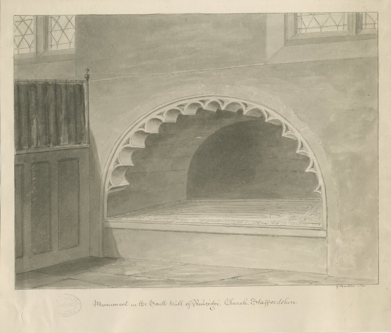 Penkridge Church - Monument i South Wall: sepia-tegning, 1841 av George Buckler