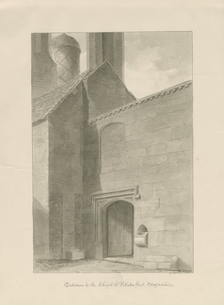 Pillaton Hall - Kapellinngang: sepia-tegning av George Buckler