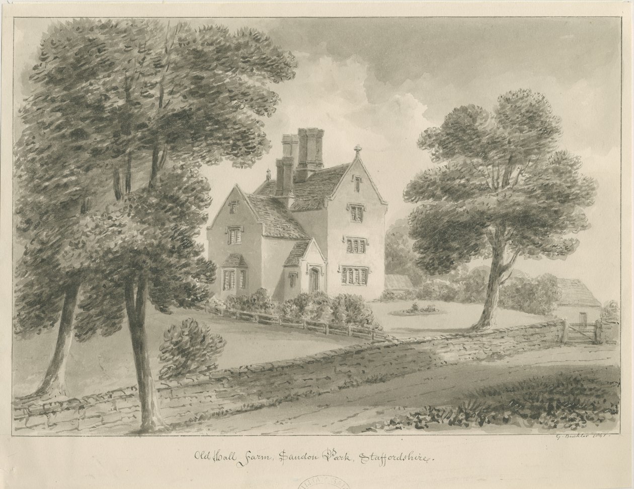 Sandon - Old Hall Farm: sepia vask tegning av George Buckler