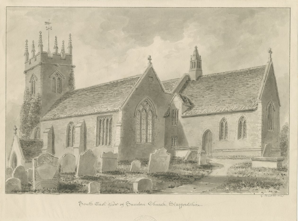 Sandon Church: sepia-tegning, 1841 av George Buckler