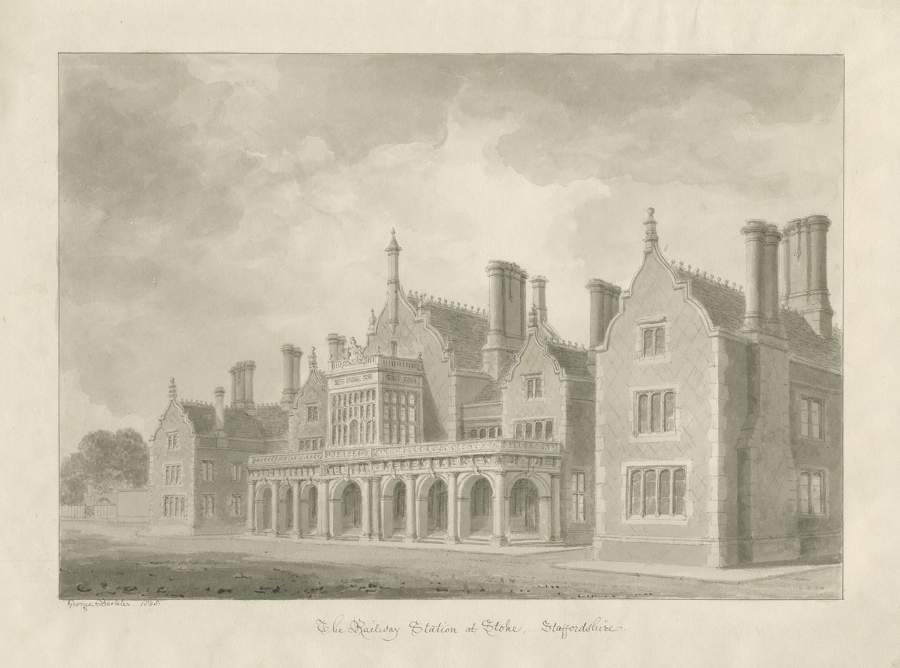 Stoke-upon-Trent - Jernbanestasjon: sepia-tegning av George Buckler