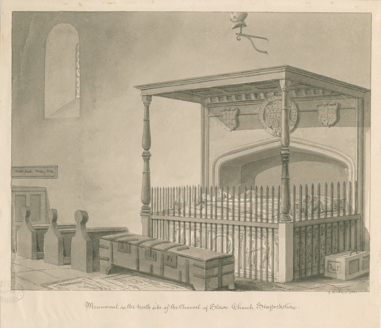 Stowe Church - Bordgrav: sepia-tegning, 1841 av George Buckler