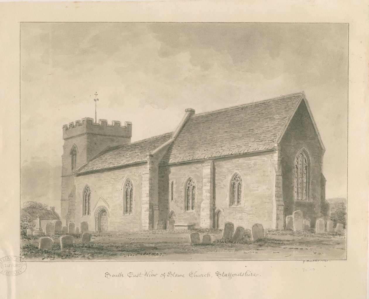 Stowe Church: sepia vask tegning av George Buckler