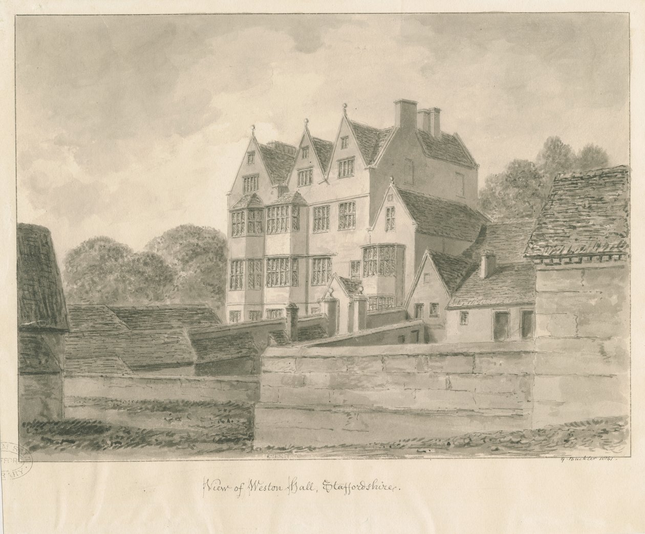 Weston-on-Trent - Hall: sepia-tegning, 1841 av George Buckler
