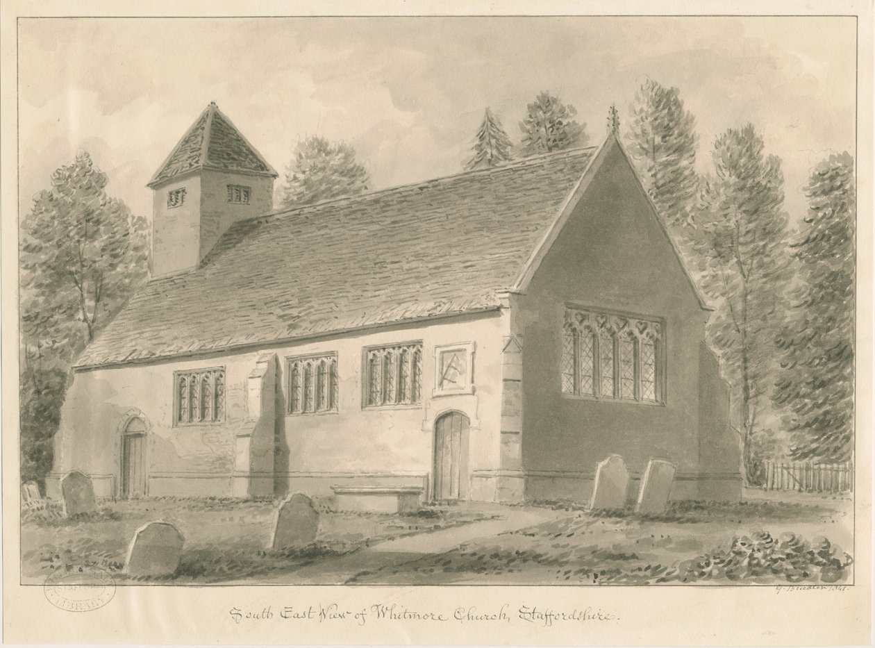 Whitmore Church: sepia-tegning, 1841 av George Buckler