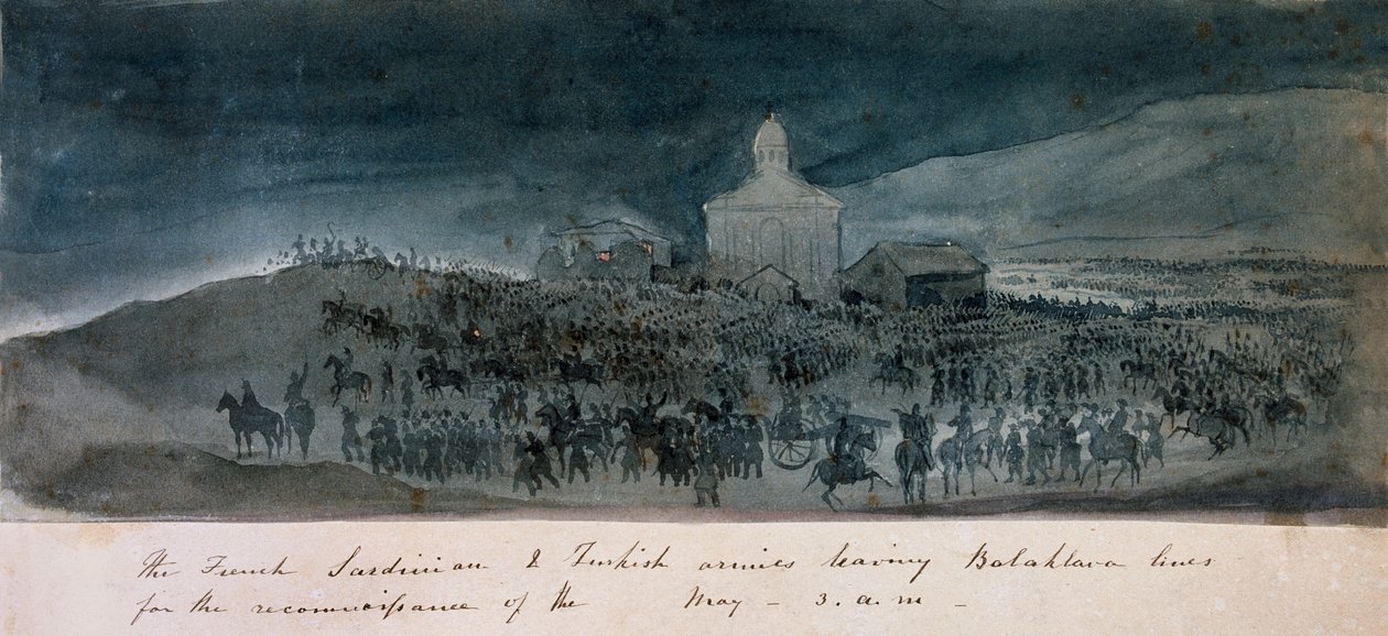 De franske, sardinske og tyrkiske hærene forlater Balaklava-linjene for en rekognosering, 1854 ca. av George Cadogan
