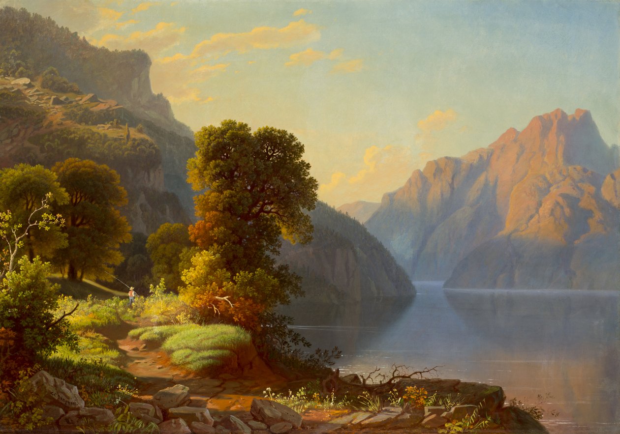 Utsikt over en innsjø i fjellene av George Caleb Bingham