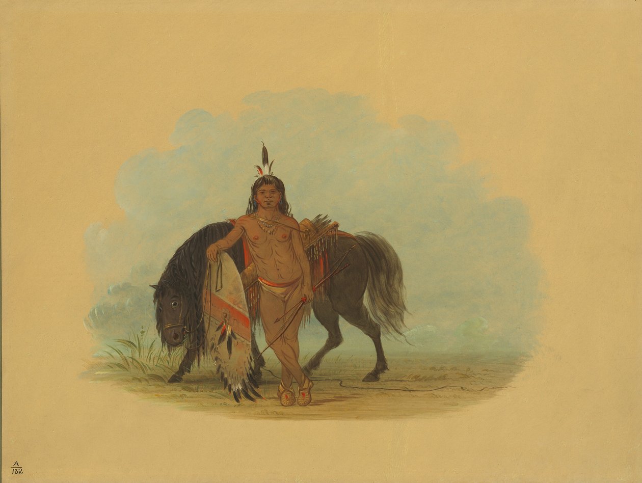 En cheyennekriger hviler hesten sin, 18611869. av George Catlin