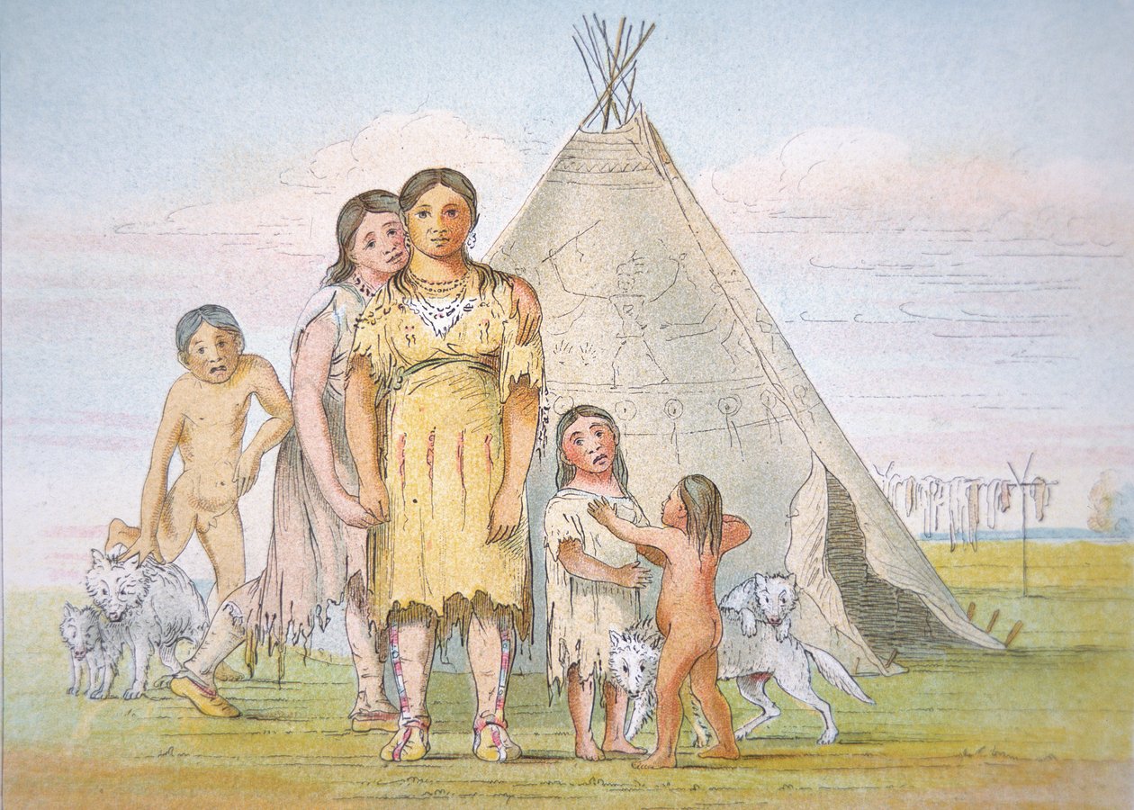 En Comanche-familie utenfor tipien deres av George Catlin