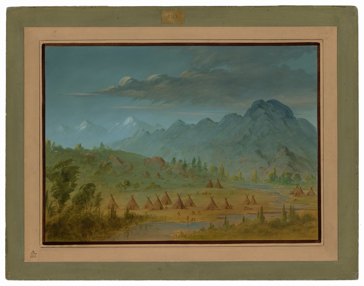 A Crow Village og Salmon River Mountains av George Catlin
