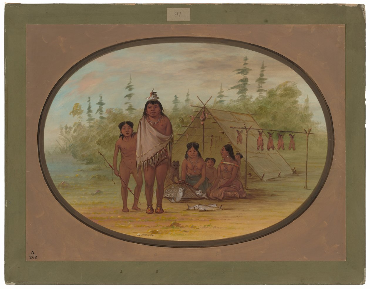 En flathodehøvding med familien sin av George Catlin
