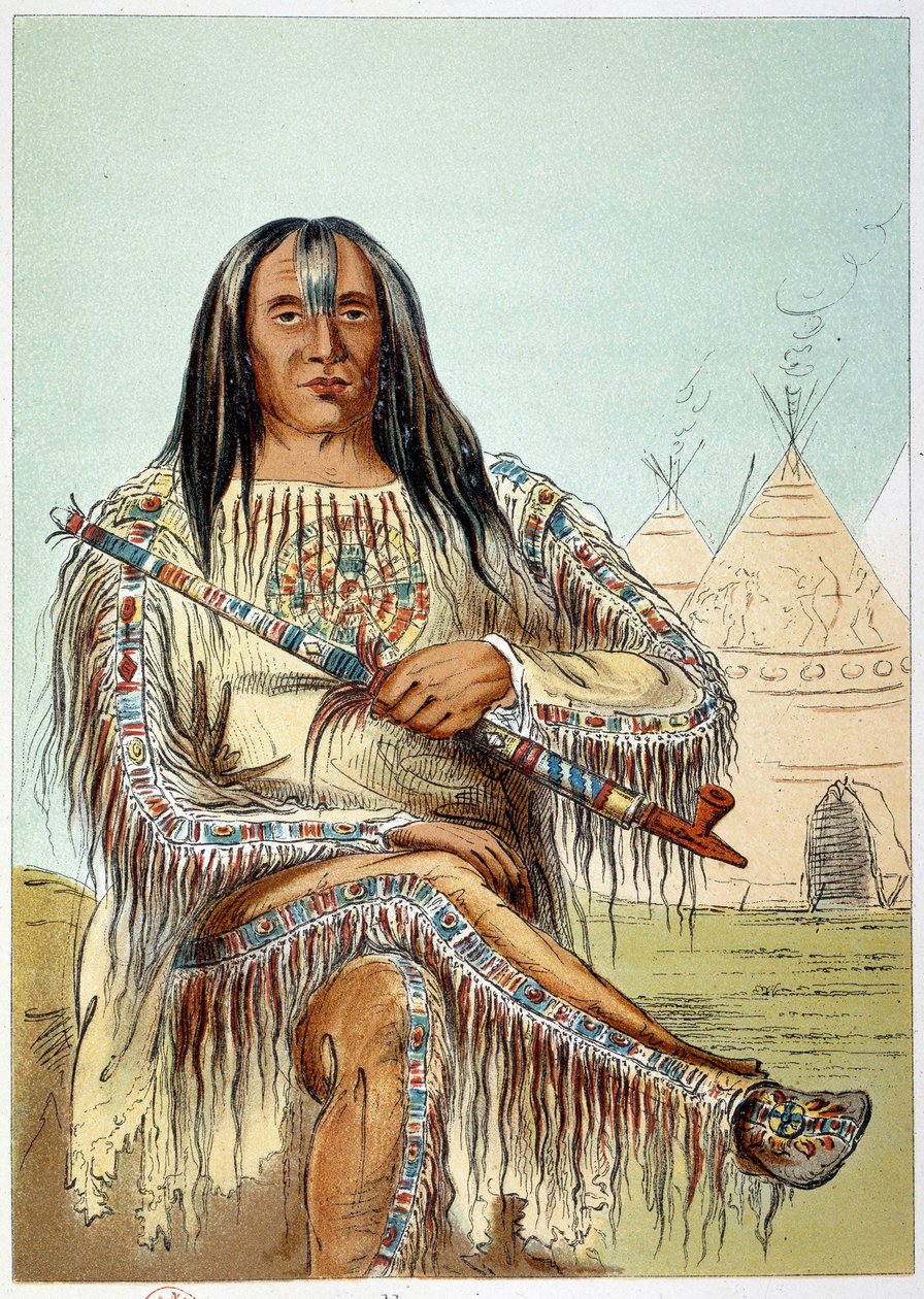 Amerikanske indianere: Portrett av en leder av blackfoot-stammen (svarte føtter) på rundt 50 år. Illustrasjon av George Catlin (1794-1872) av George Catlin