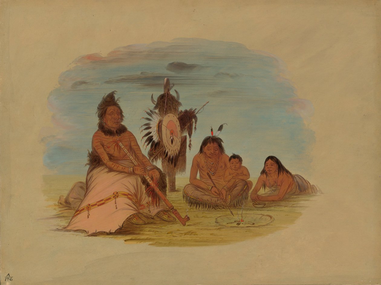 En gammel Minatarree-sjef og hans familie, 18611869. av George Catlin