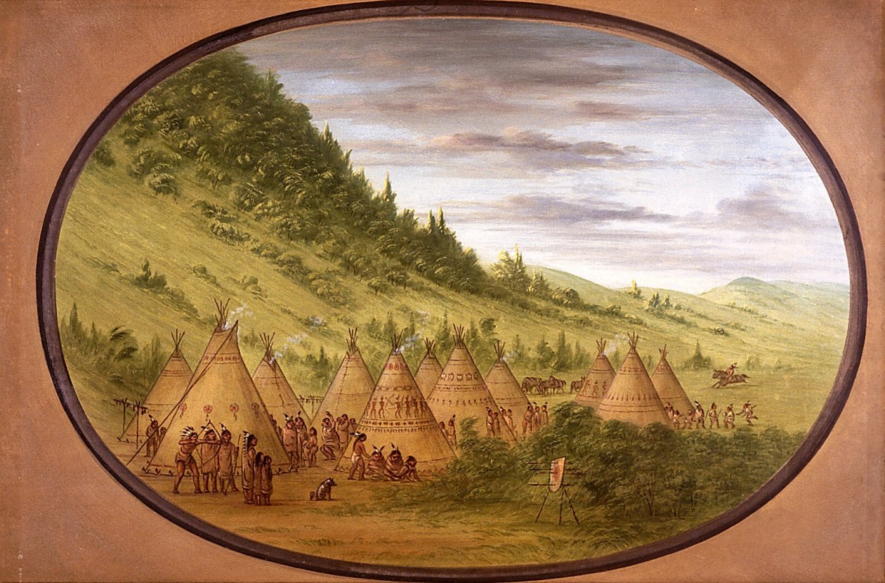 En ojibwe-landsby med telt av skinn av George Catlin