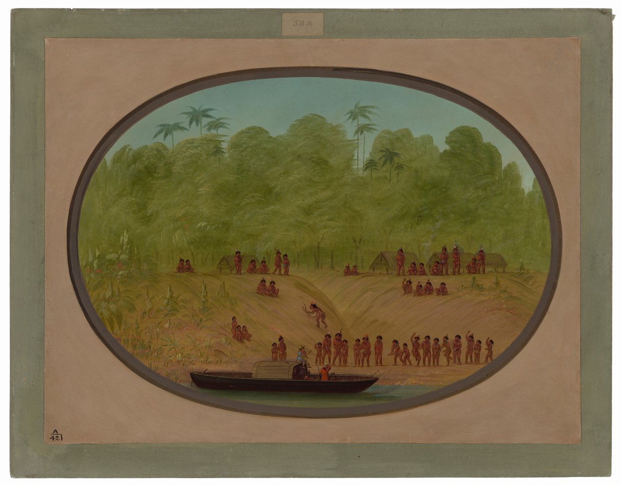 En Omagua-landsby - Båtskisse av George Catlin