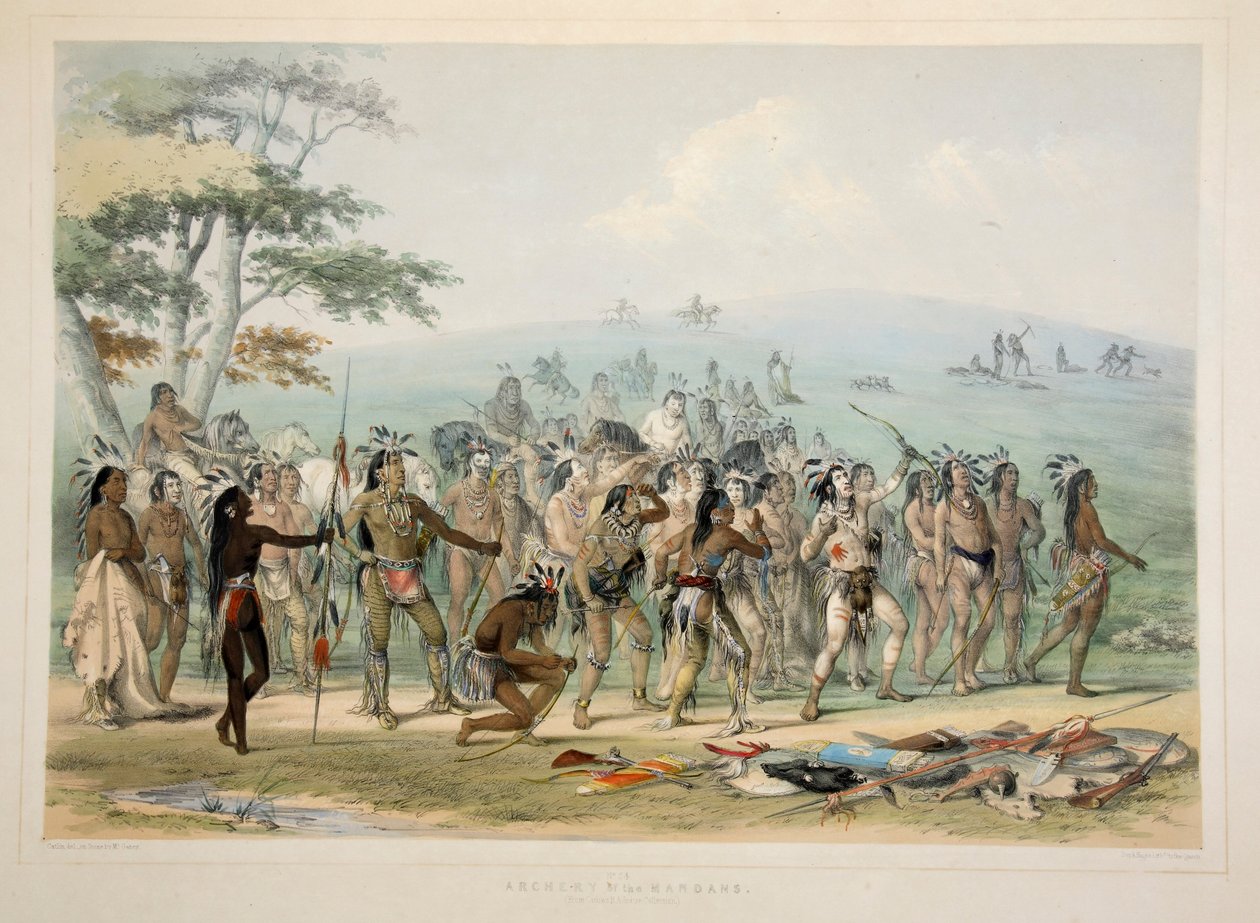 Archery of the Mandans , pub. 1845 fargelitografi. av George Catlin