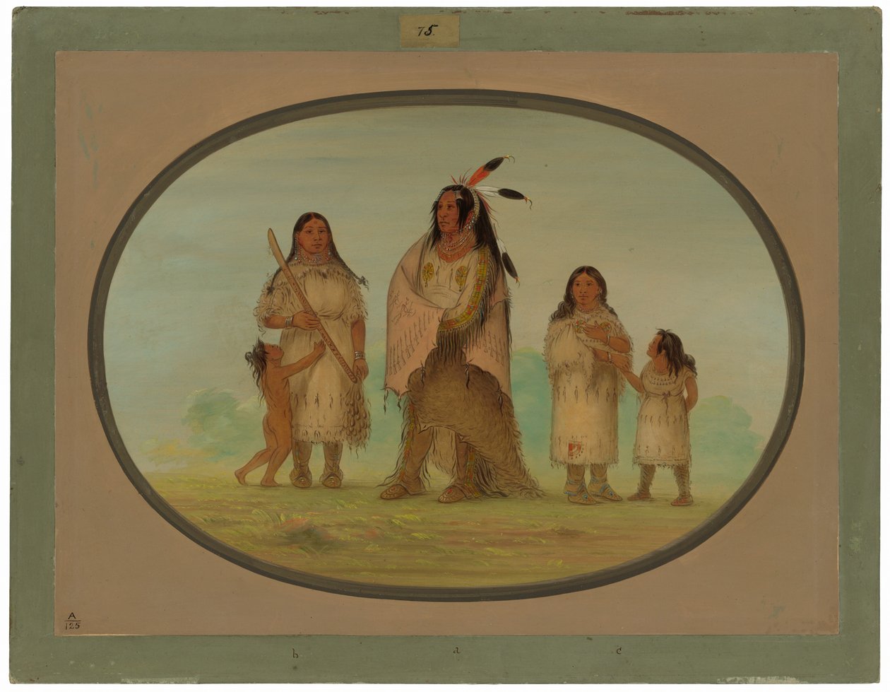 Assinneboine Warrior og hans familie av George Catlin