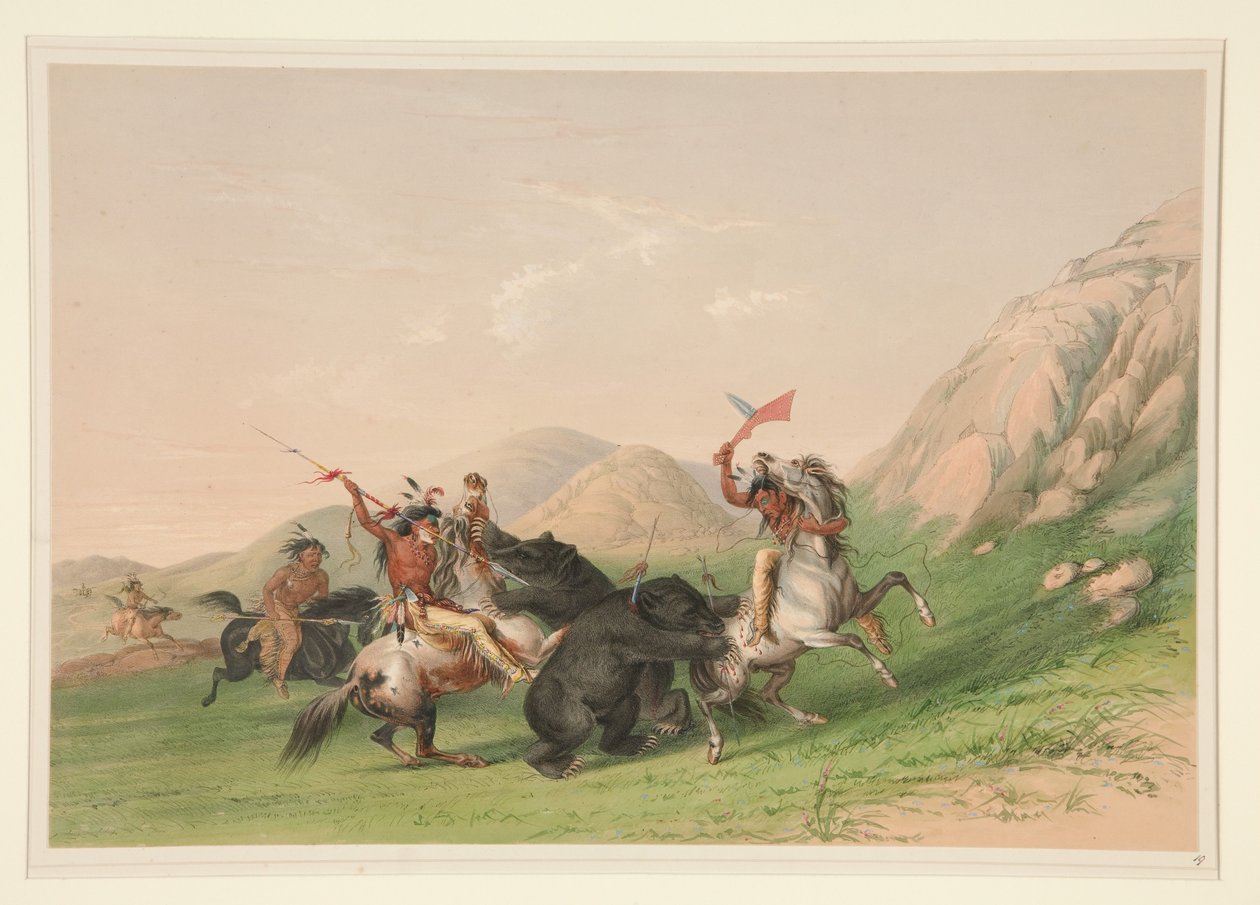 Angrep på grizzlybjørnen, plansje 19 fra North American Indian Portfolio av George Catlin