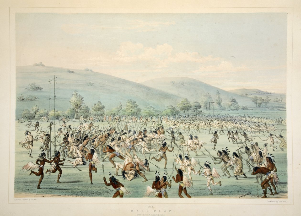Ball Play, fra Catlins North American Indian Portfolio. Jaktscener og fornøyelser i Rocky Mountains og Prairies of America, pub. 1845 av George Catlin