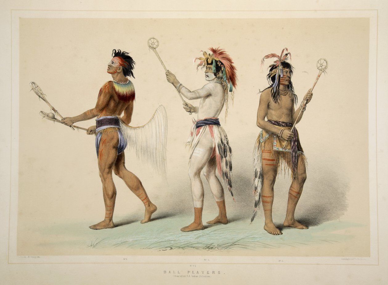 Ball Players, fra Catlins North American Indian Portfolio. Jaktscener og fornøyelser i Rocky Mountains og Prairies of America, pub. 1845 av George Catlin