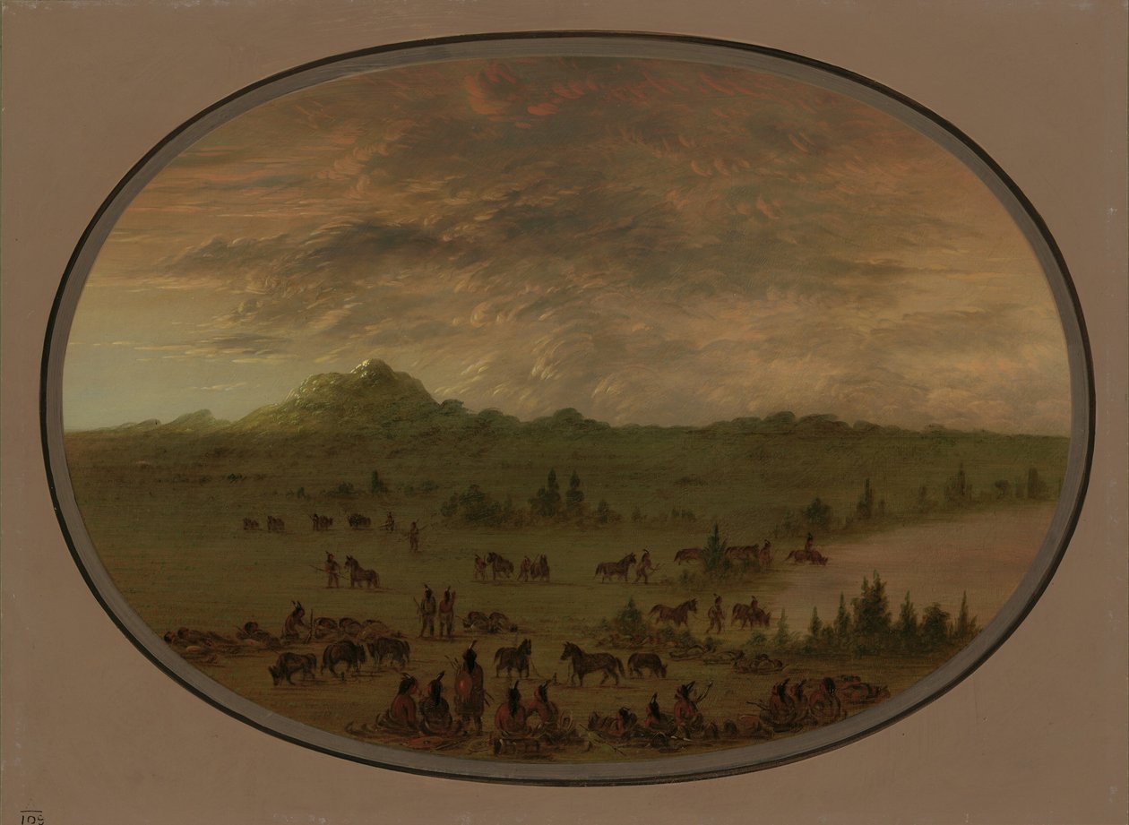 Bivuakk av et Sioux-krigsfest ved soloppgang, 18611869. av George Catlin