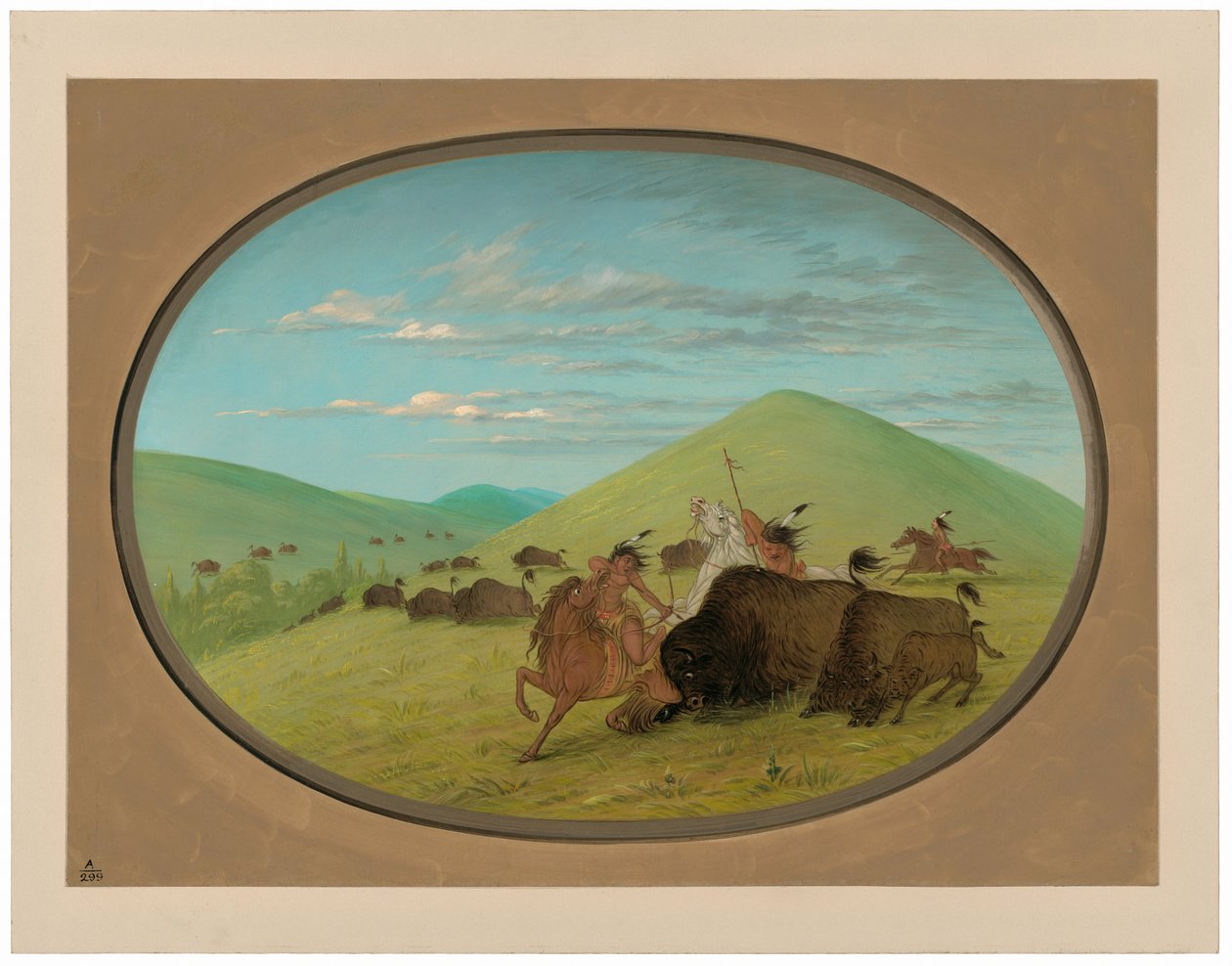 Buffalo Chase - Okser som beskytter kalvene av George Catlin