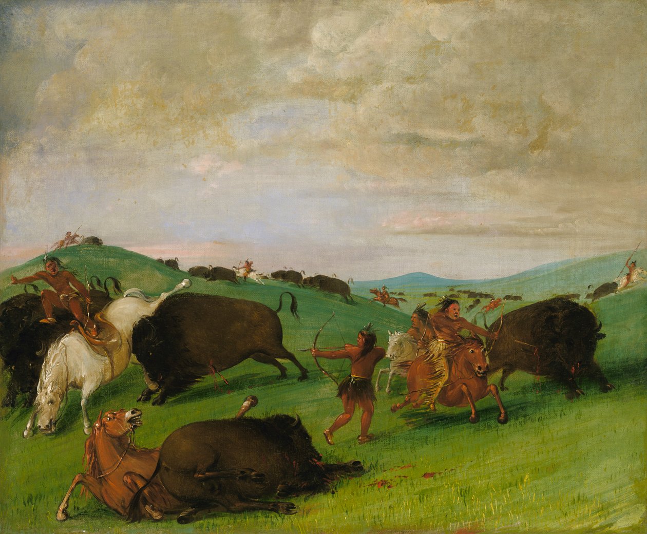 Buffalo Chase, okser som kjemper mot menn og hester, 1832-1833. av George Catlin