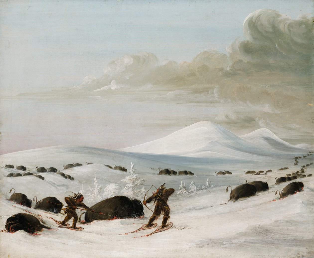 Buffalo Chase in Snowdrifts, indianere som forfølger på truger, 1832-1833. av George Catlin