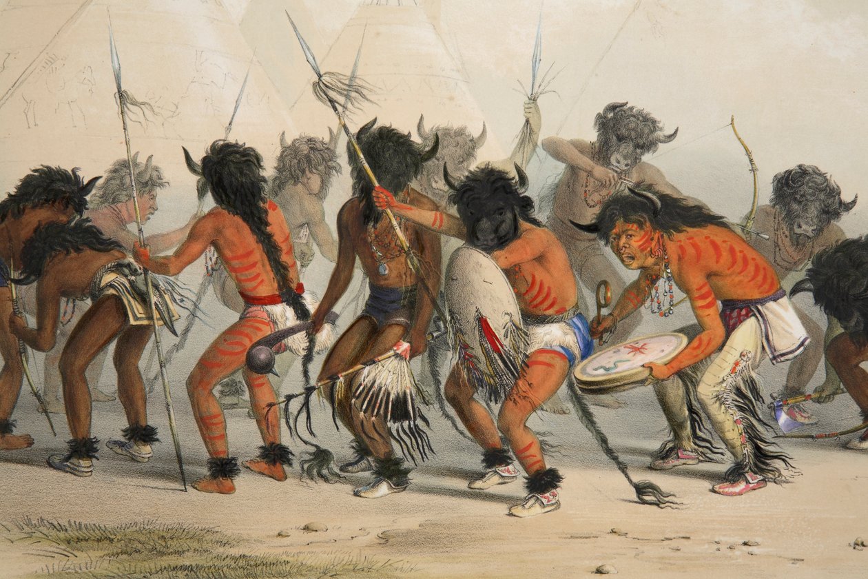Buffalo Dance detalj, pub. 1845 fargelitografi. av George Catlin