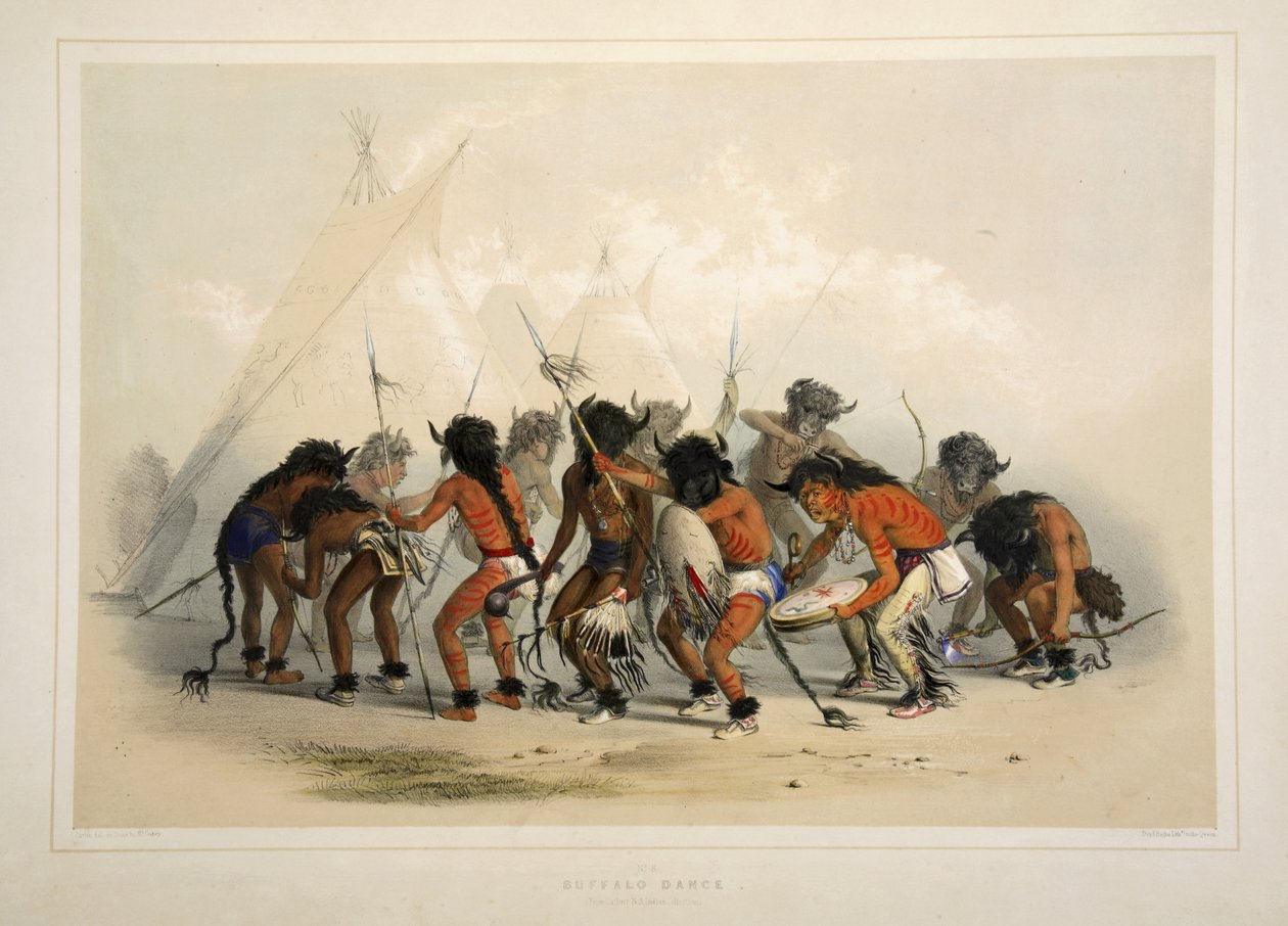 Buffalo Dance, fra Catlins North American Indian Portfolio. Jaktscener og fornøyelser i Rocky Mountains og Prairies of America, pub. 1845 av George Catlin